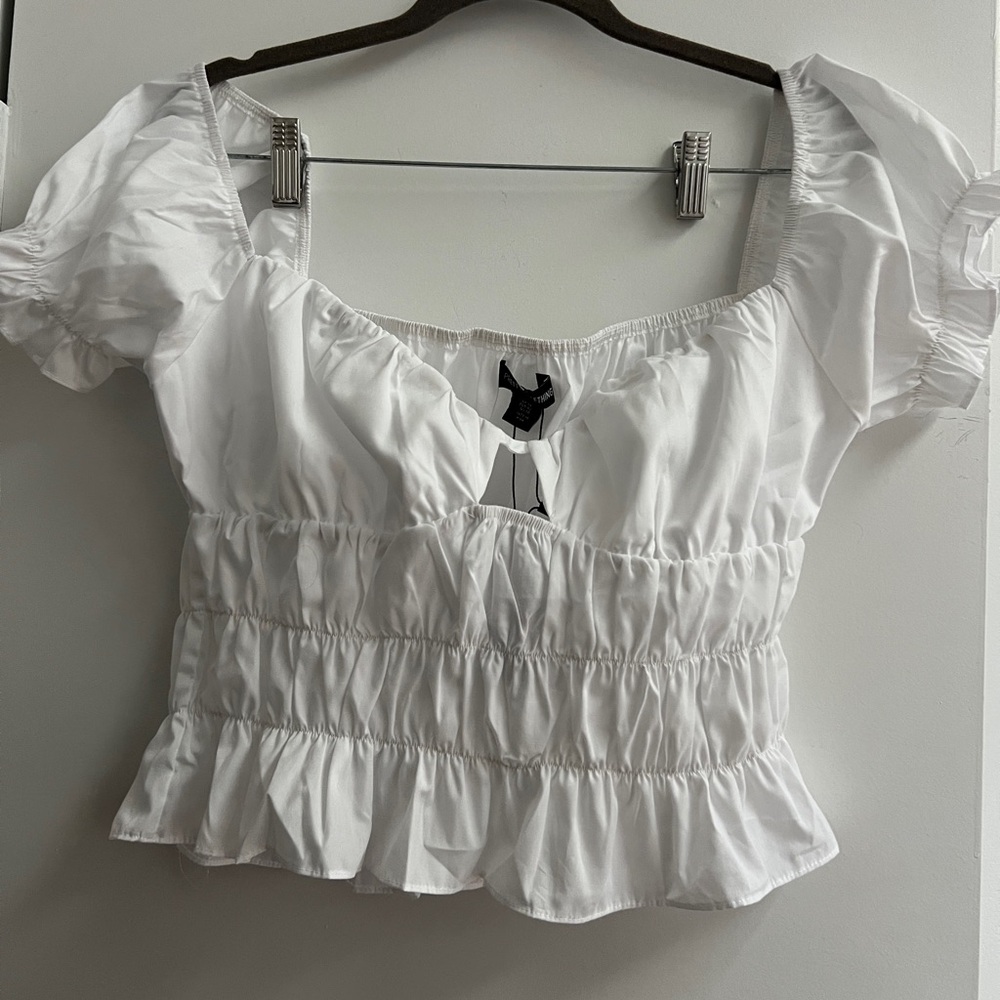 PrettyLittleThing White Smocked Peplum Puff Sleeve Top